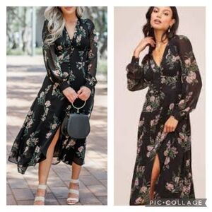 ASTR the label sheer floral v-neck button front long sleeve midi dress size M